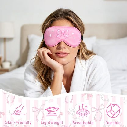 2 Pcs Girls Sleep Masks for Women Girls Silk Eye Mask Sleeping Eye Masks Women with Adjustable Strap Soft Lightweight Eye Cover Pink Bow Blindfold Shade Light Blocking Travel Home Use