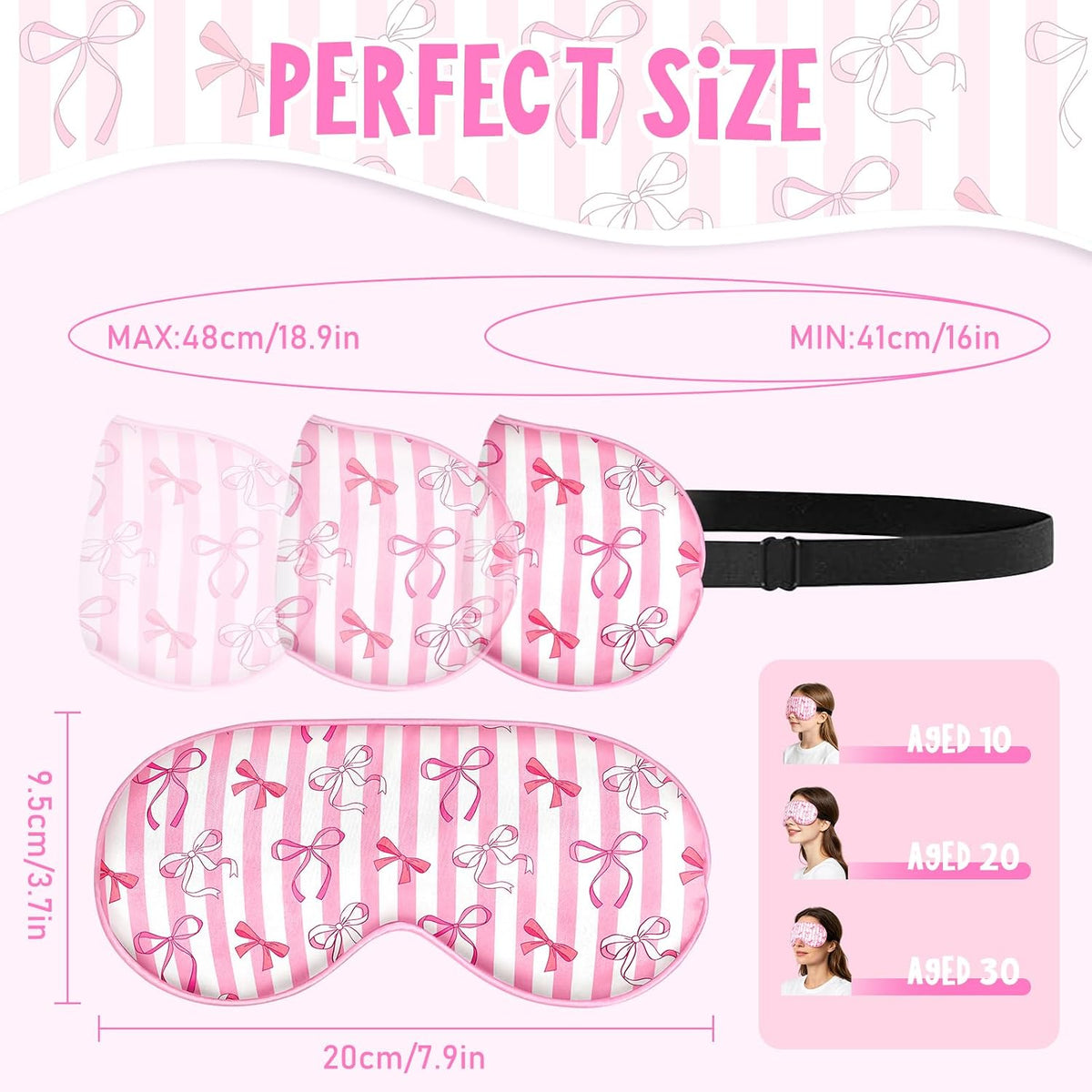 2 Pcs Girls Sleep Masks for Women Girls Silk Eye Mask Sleeping Eye Masks Women with Adjustable Strap Soft Lightweight Eye Cover Pink Bow Blindfold Shade Light Blocking Travel Home Use