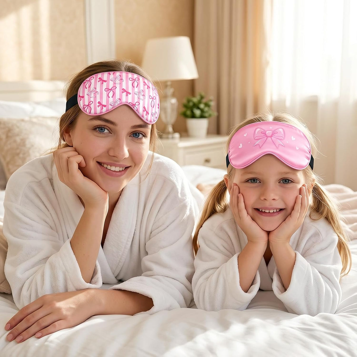 2 Pcs Girls Sleep Masks for Women Girls Silk Eye Mask Sleeping Eye Masks Women with Adjustable Strap Soft Lightweight Eye Cover Pink Bow Blindfold Shade Light Blocking Travel Home Use