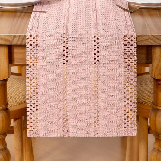Boho Macrame Table Runner Easter Farmhouse Woven Small Table Runner 36 Inches Pink Cotton Linen Kitchen Table Decor for Spring Dining Dresser Home Everday Use