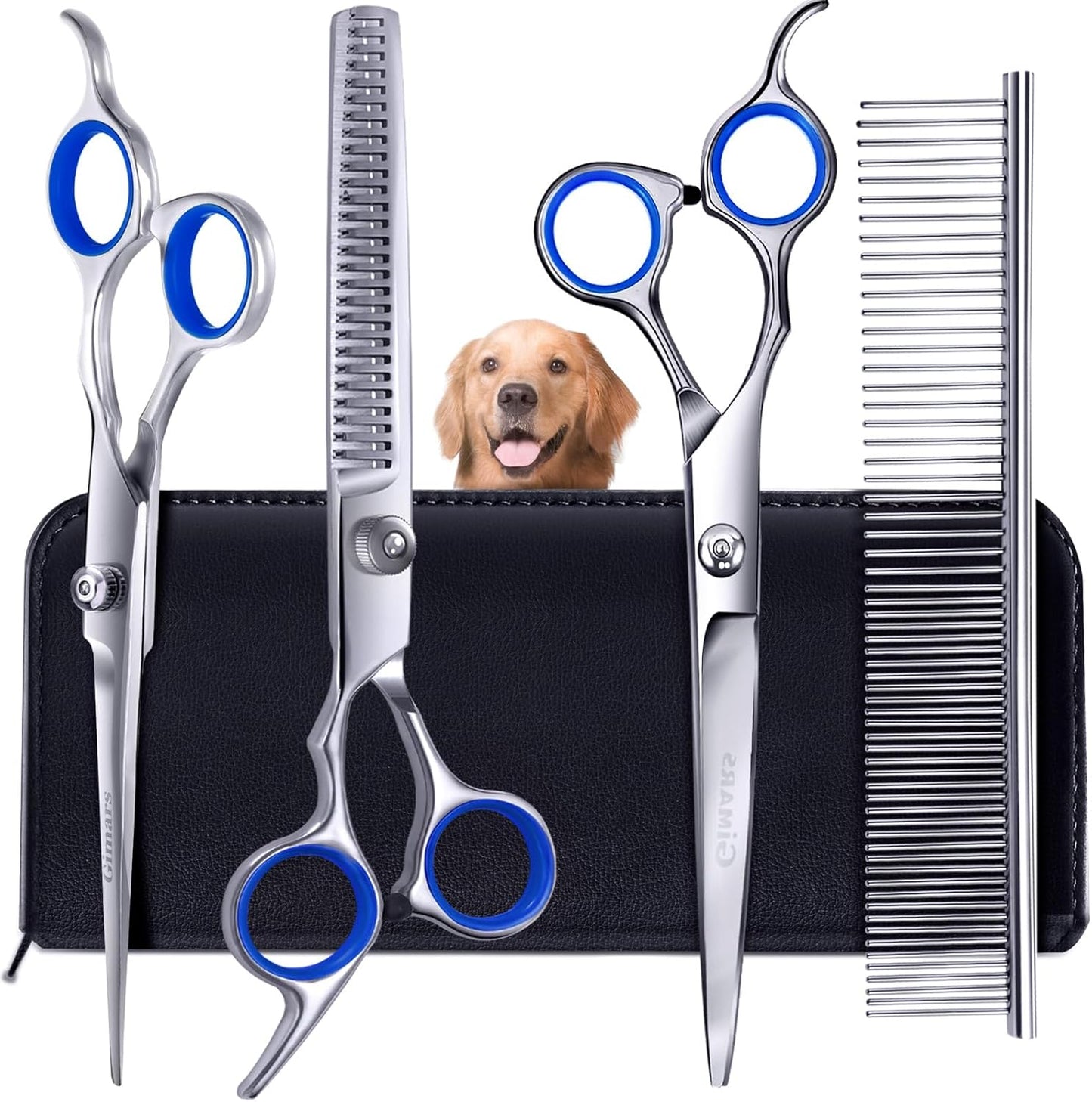 Gimars Professional 5 in 1 Grooming Scissors for Dogs 4CR, Heavy Duty Titanium Coated Straight, Thinning Shears and Comb