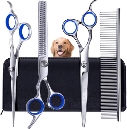 Gimars Professional 5 in 1 Grooming Scissors for Dogs 4CR, Heavy Duty Titanium Coated Straight, Thinning Shears and Comb