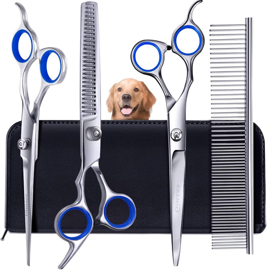 Gimars Professional 5 in 1 Grooming Scissors for Dogs 4CR, Heavy Duty Titanium Coated Straight, Thinning Shears and Comb