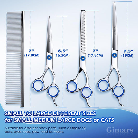 Gimars Professional 5 in 1 Grooming Scissors for Dogs 4CR, Heavy Duty Titanium Coated Straight, Thinning Shears and Comb