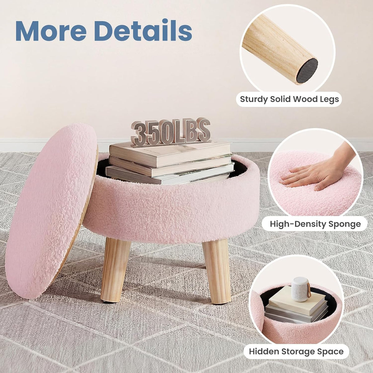 DUMOS Small Storage Ottoman Foot Stool, Round Foot Rest for Living Room