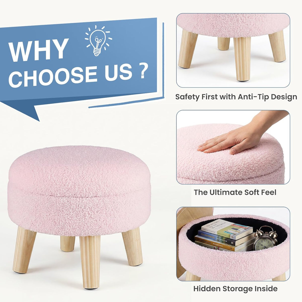 DUMOS Small Storage Ottoman Foot Stool, Round Foot Rest for Living Room