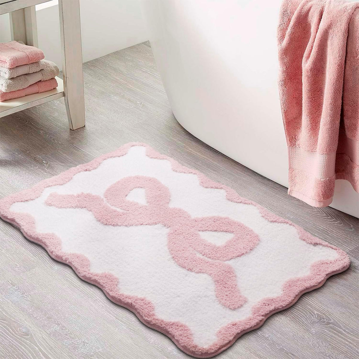 Pink Bow Bath Mat for Bathroom 16"x24", Cute Small Bath Rugs with Scalloped Edges, Soft Microfiber, Non-Slip, Aesthetic Coquette Room Decor for Vanity, Shower, Bedroom, Sink Area