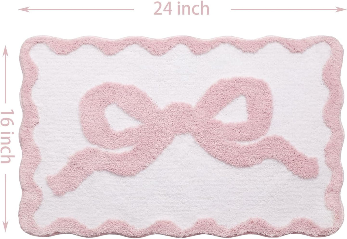 Pink Bow Bath Mat for Bathroom 16"x24", Cute Small Bath Rugs with Scalloped Edges, Soft Microfiber, Non-Slip, Aesthetic Coquette Room Decor for Vanity, Shower, Bedroom, Sink Area