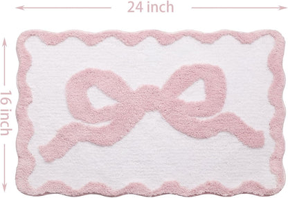 Pink Bow Bath Mat for Bathroom 16"x24", Cute Small Bath Rugs with Scalloped Edges, Soft Microfiber, Non-Slip, Aesthetic Coquette Room Decor for Vanity, Shower, Bedroom, Sink Area