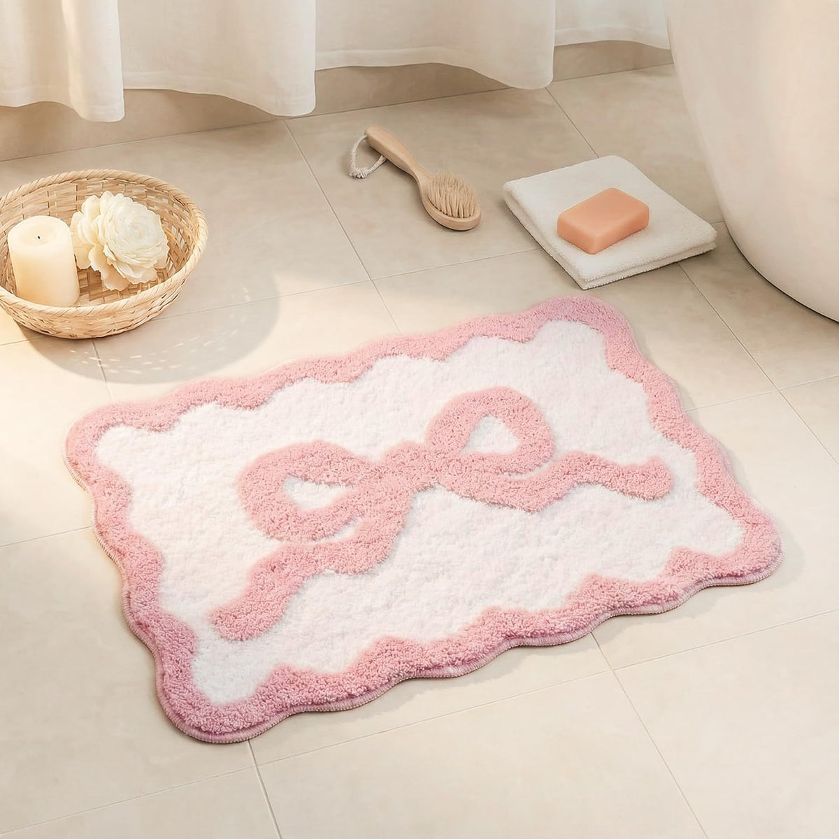 Pink Bow Bath Mat for Bathroom 16"x24", Cute Small Bath Rugs with Scalloped Edges, Soft Microfiber, Non-Slip, Aesthetic Coquette Room Decor for Vanity, Shower, Bedroom, Sink Area