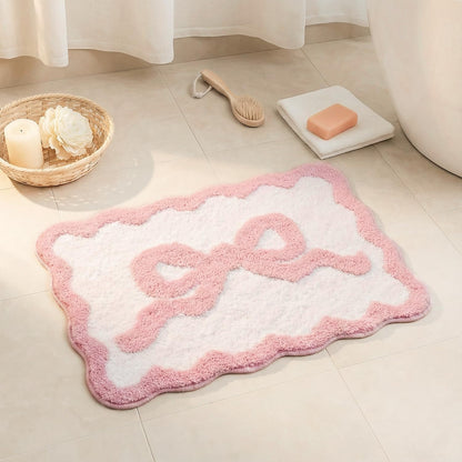 Pink Bow Bath Mat for Bathroom 16"x24", Cute Small Bath Rugs with Scalloped Edges, Soft Microfiber, Non-Slip, Aesthetic Coquette Room Decor for Vanity, Shower, Bedroom, Sink Area