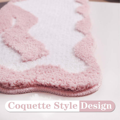 Pink Bow Bath Mat for Bathroom 16"x24", Cute Small Bath Rugs with Scalloped Edges, Soft Microfiber, Non-Slip, Aesthetic Coquette Room Decor for Vanity, Shower, Bedroom, Sink Area