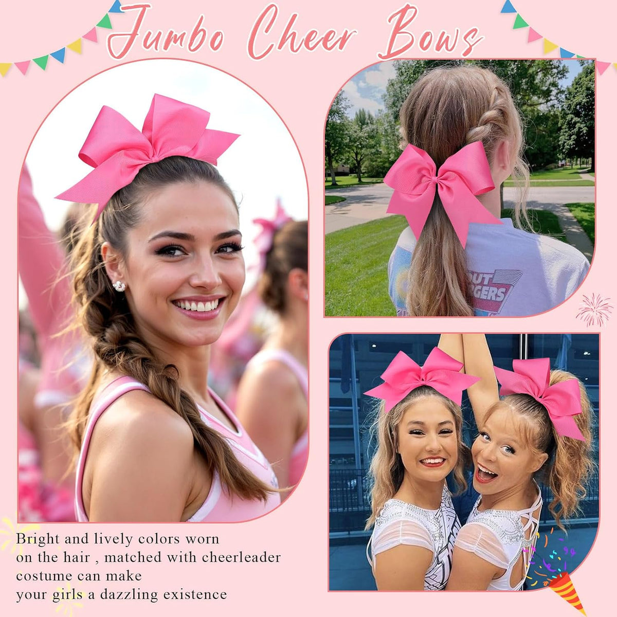 Pink Cheer Bows for Cheerleaders, Cheerleading Hair Bows for Girls