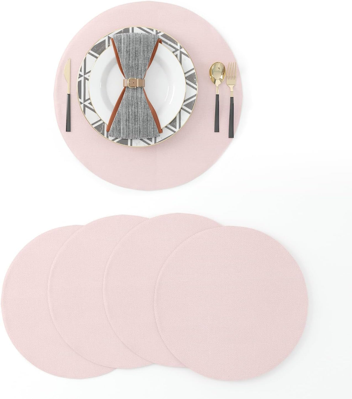 Set of 4 Round Placemat 15 Inch Soft Linen eco-Friendly Fabric Handcrafted Machine Washable Indoor & Outdoor Tablemat Baby Pink