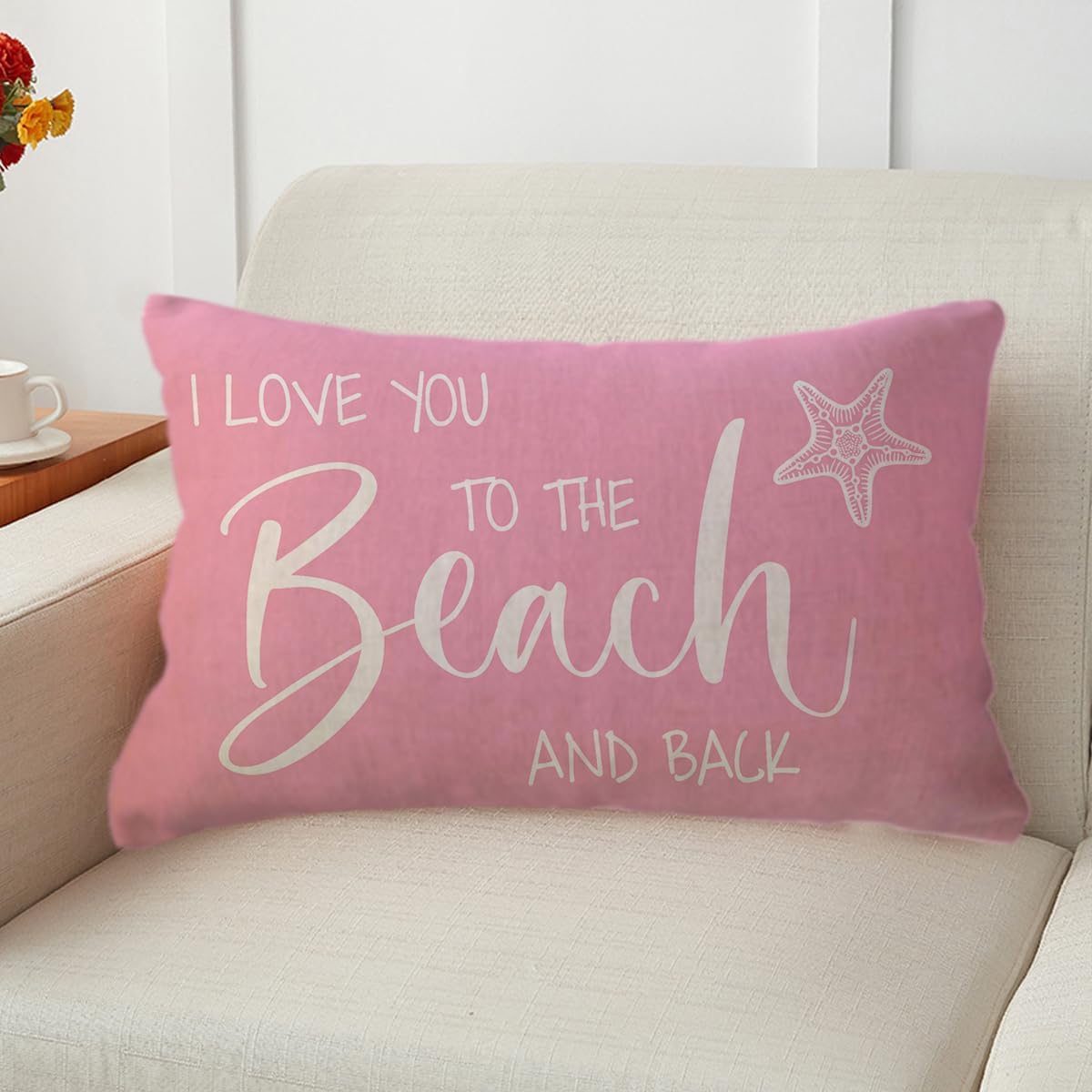 Beach Decorative Lumbar Pillowcase I Love You to The Beach and Back Throw Pillow Cover Summer Holiday Cushion Case 12×20 Inches for Sofa/Couch/Patio (Pink)