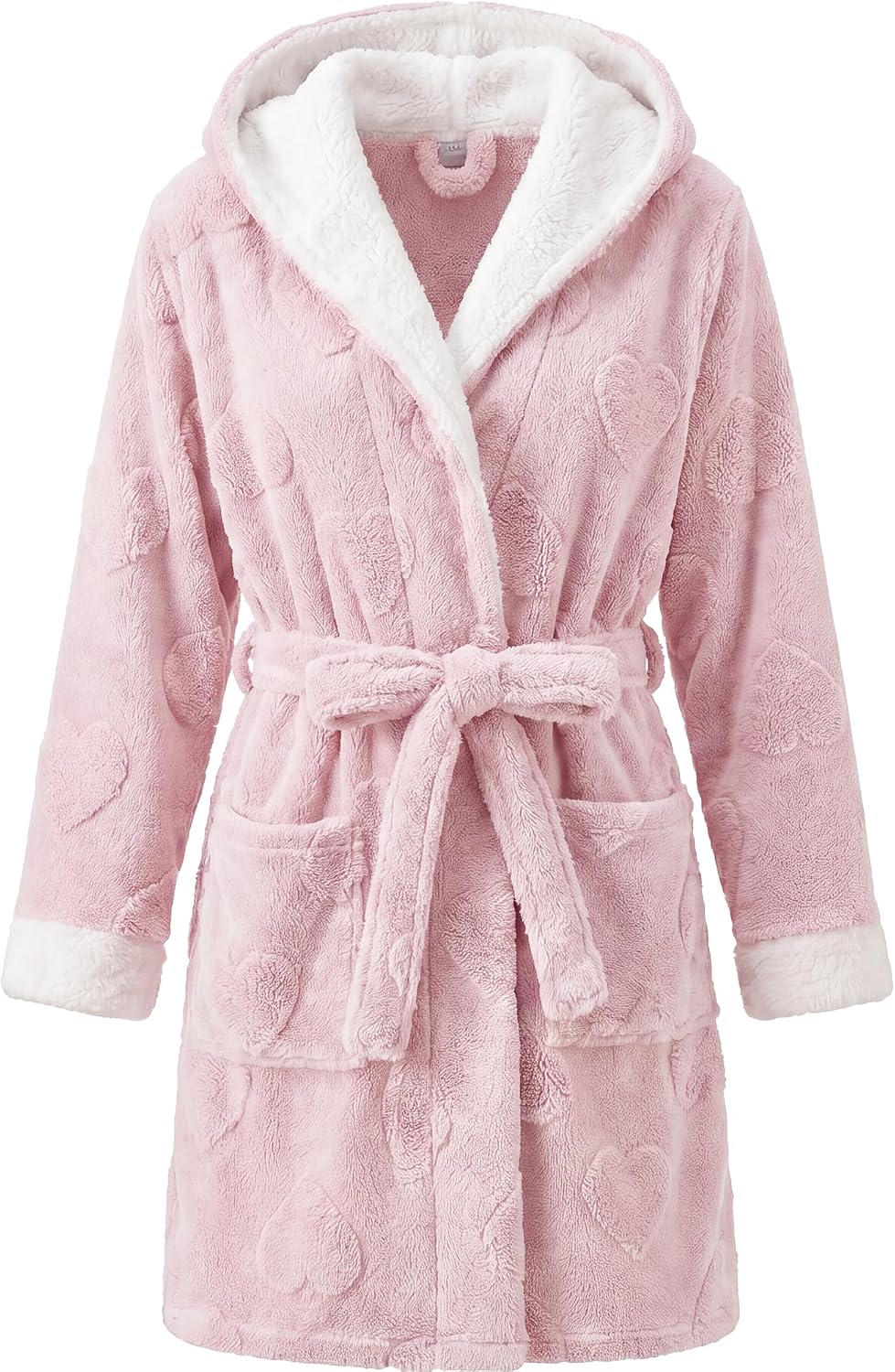 Womens Hooded Fuzzy Robe, Short Plush Heart Jacquard Bathrobe, Cozy Fleece Robe with Pockets