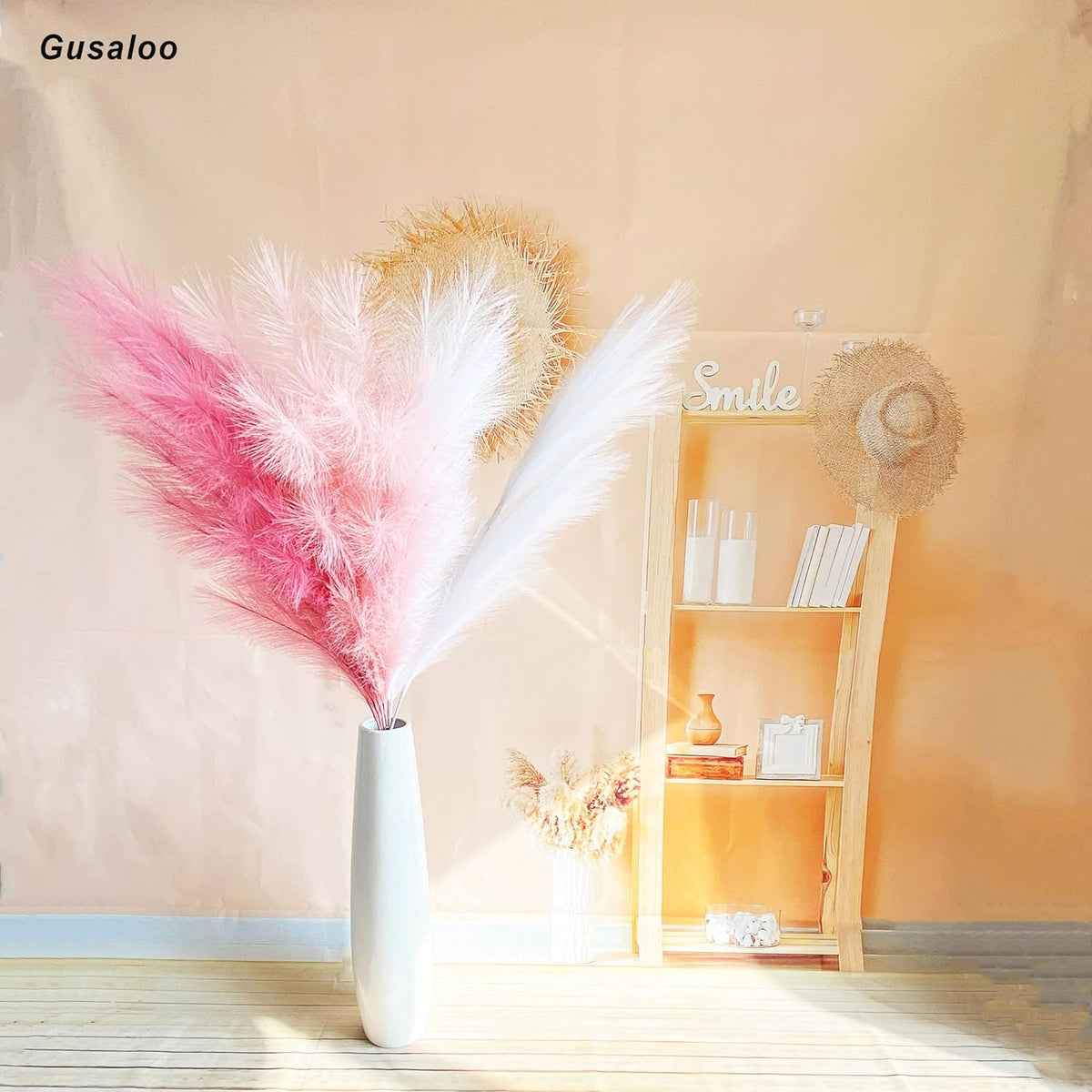 6 Pcs Artificial Pampas Grass Large, 47"/121cm Fake Faux Artificial Pampas Grass Decor Tall Stems Fluffy Pompous Pompass Branch Floor Vase Filler for Home Decor Boho Decor Wedding Mix Pink
