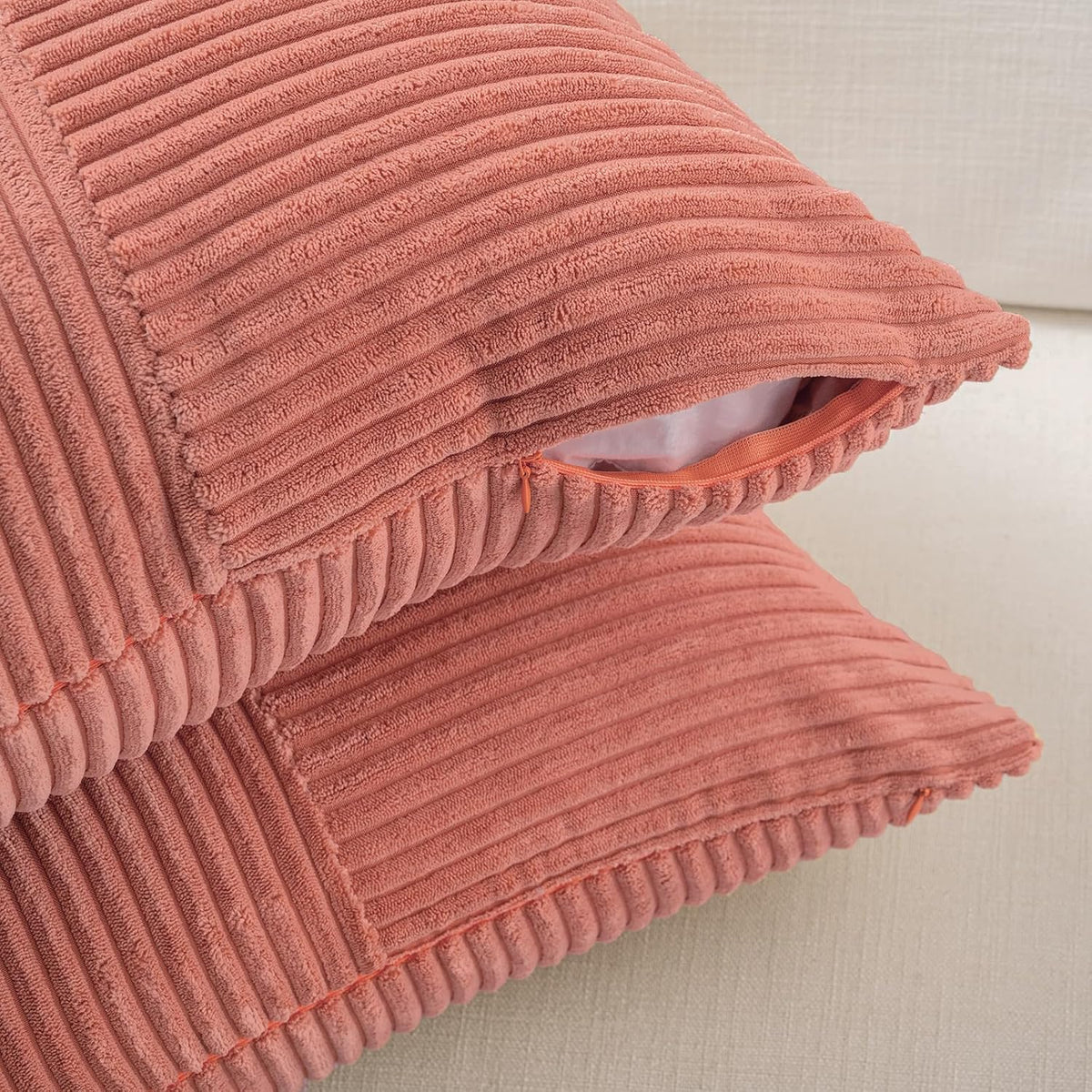 2 Packs Coral Lumbar Decorative Throw Pillow Covers 12x20 Inch for Living Room Couch, Rustic Farmhouse Boho Home Decor, Soft Striped Corduroy Rectangle Accent Peach Cushion Case 30x50 cm