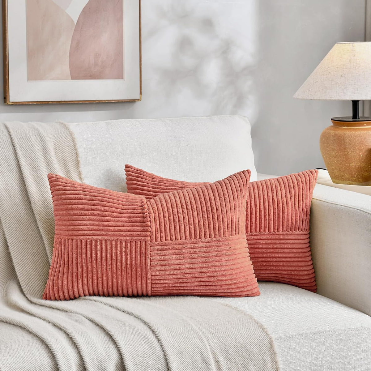 2 Packs Coral Lumbar Decorative Throw Pillow Covers 12x20 Inch for Living Room Couch, Rustic Farmhouse Boho Home Decor, Soft Striped Corduroy Rectangle Accent Peach Cushion Case 30x50 cm