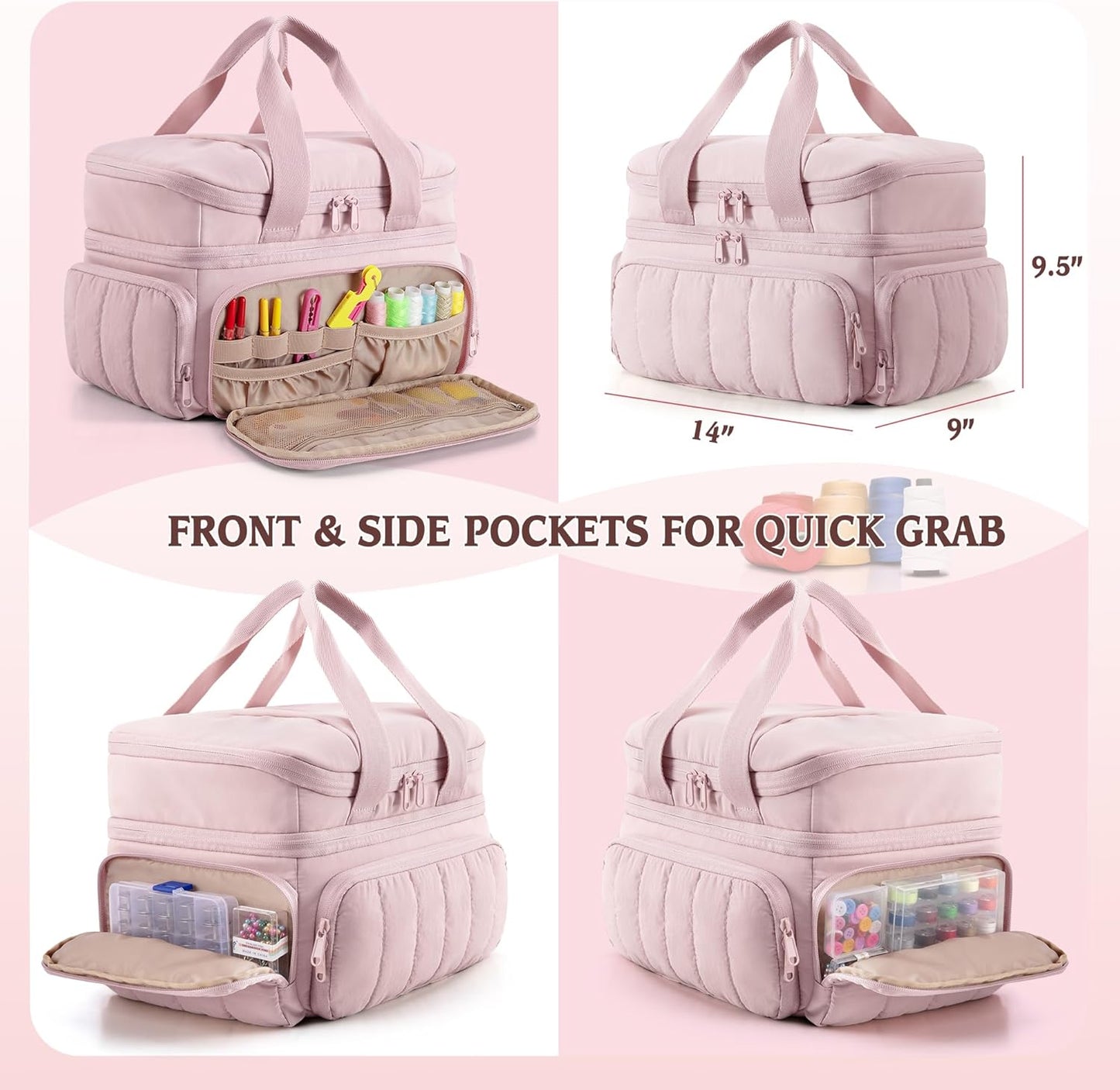 Puffer Sewing Organizer Bag, Large Capacity with Multiple Pockets and Detachable Dividers, Storage Box for Threads, Needles, Scissors, Craft Supplies, Pink (Bag ONLY, NO Supplies)