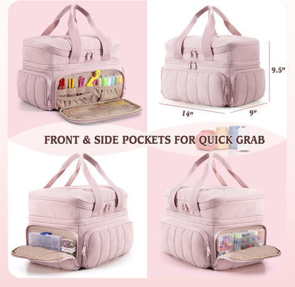 Puffer Sewing Organizer Bag, Large Capacity with Multiple Pockets and Detachable Dividers, Storage Box for Threads, Needles, Scissors, Craft Supplies, Pink (Bag ONLY, NO Supplies)