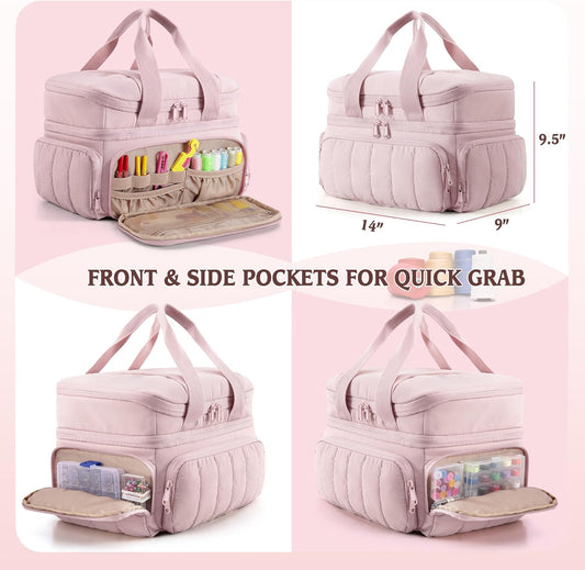 Puffer Sewing Organizer Bag, Large Capacity with Multiple Pockets and Detachable Dividers, Storage Box for Threads, Needles, Scissors, Craft Supplies, Pink (Bag ONLY, NO Supplies)