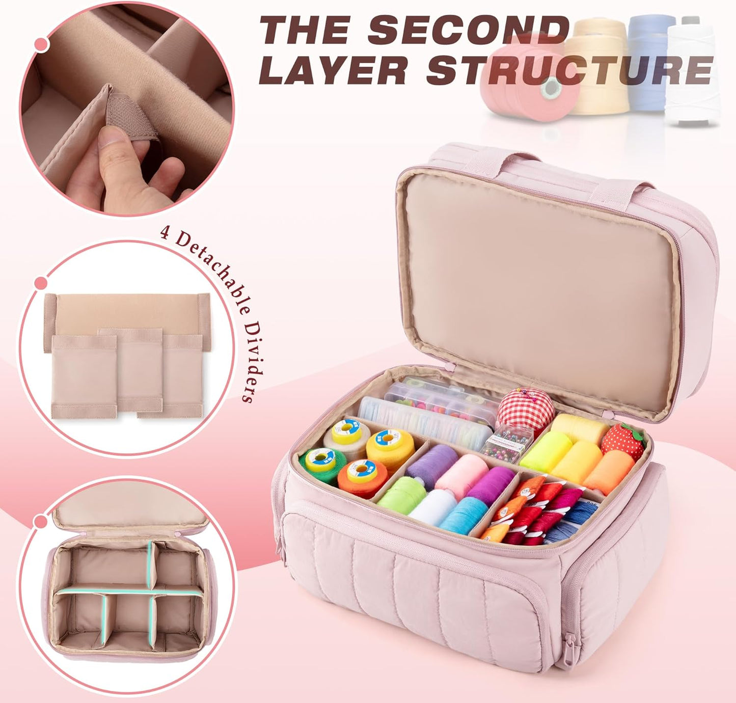 Puffer Sewing Organizer Bag, Large Capacity with Multiple Pockets and Detachable Dividers, Storage Box for Threads, Needles, Scissors, Craft Supplies, Pink (Bag ONLY, NO Supplies)