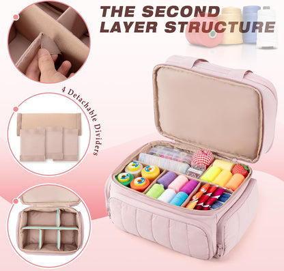 Puffer Sewing Organizer Bag, Large Capacity with Multiple Pockets and Detachable Dividers, Storage Box for Threads, Needles, Scissors, Craft Supplies, Pink (Bag ONLY, NO Supplies)