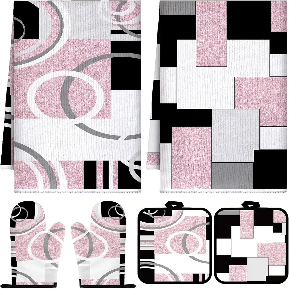 6 Pcs Kitchen Decor Set Accessory Farmhouse Kitchen Towels Pot Holders Oven Mitts Set 2 Dish Towels 2 Pot Holders 2 Cooking Mittens Oven Glove for Cooking (Pink, White, Black,Geometric)