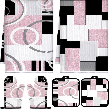 6 Pcs Kitchen Decor Set Accessory Farmhouse Kitchen Towels Pot Holders Oven Mitts Set 2 Dish Towels 2 Pot Holders 2 Cooking Mittens Oven Glove for Cooking (Pink, White, Black,Geometric)