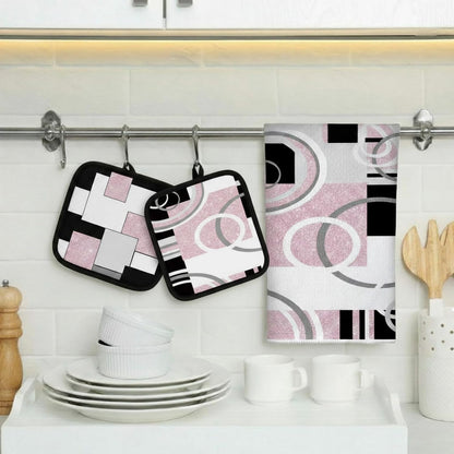 6 Pcs Kitchen Decor Set Accessory Farmhouse Kitchen Towels Pot Holders Oven Mitts Set 2 Dish Towels 2 Pot Holders 2 Cooking Mittens Oven Glove for Cooking (Pink, White, Black,Geometric)