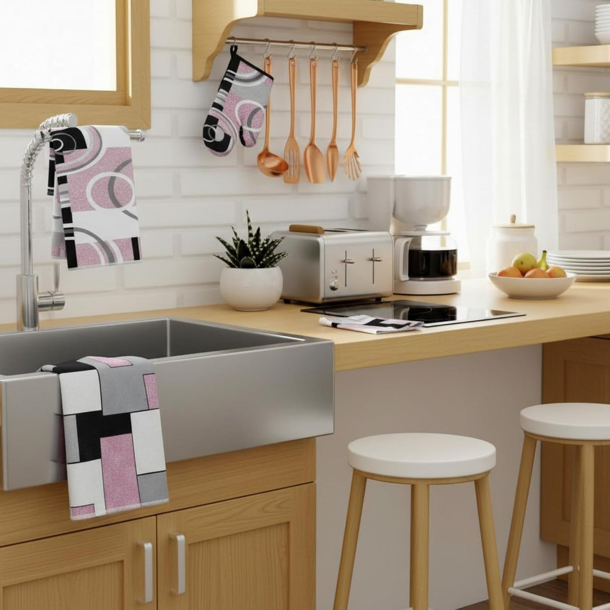 6 Pcs Kitchen Decor Set Accessory Farmhouse Kitchen Towels Pot Holders Oven Mitts Set 2 Dish Towels 2 Pot Holders 2 Cooking Mittens Oven Glove for Cooking (Pink, White, Black,Geometric)