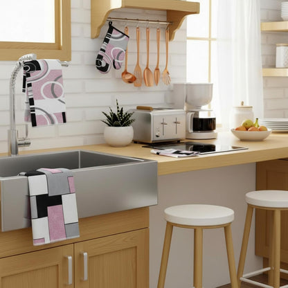 6 Pcs Kitchen Decor Set Accessory Farmhouse Kitchen Towels Pot Holders Oven Mitts Set 2 Dish Towels 2 Pot Holders 2 Cooking Mittens Oven Glove for Cooking (Pink, White, Black,Geometric)