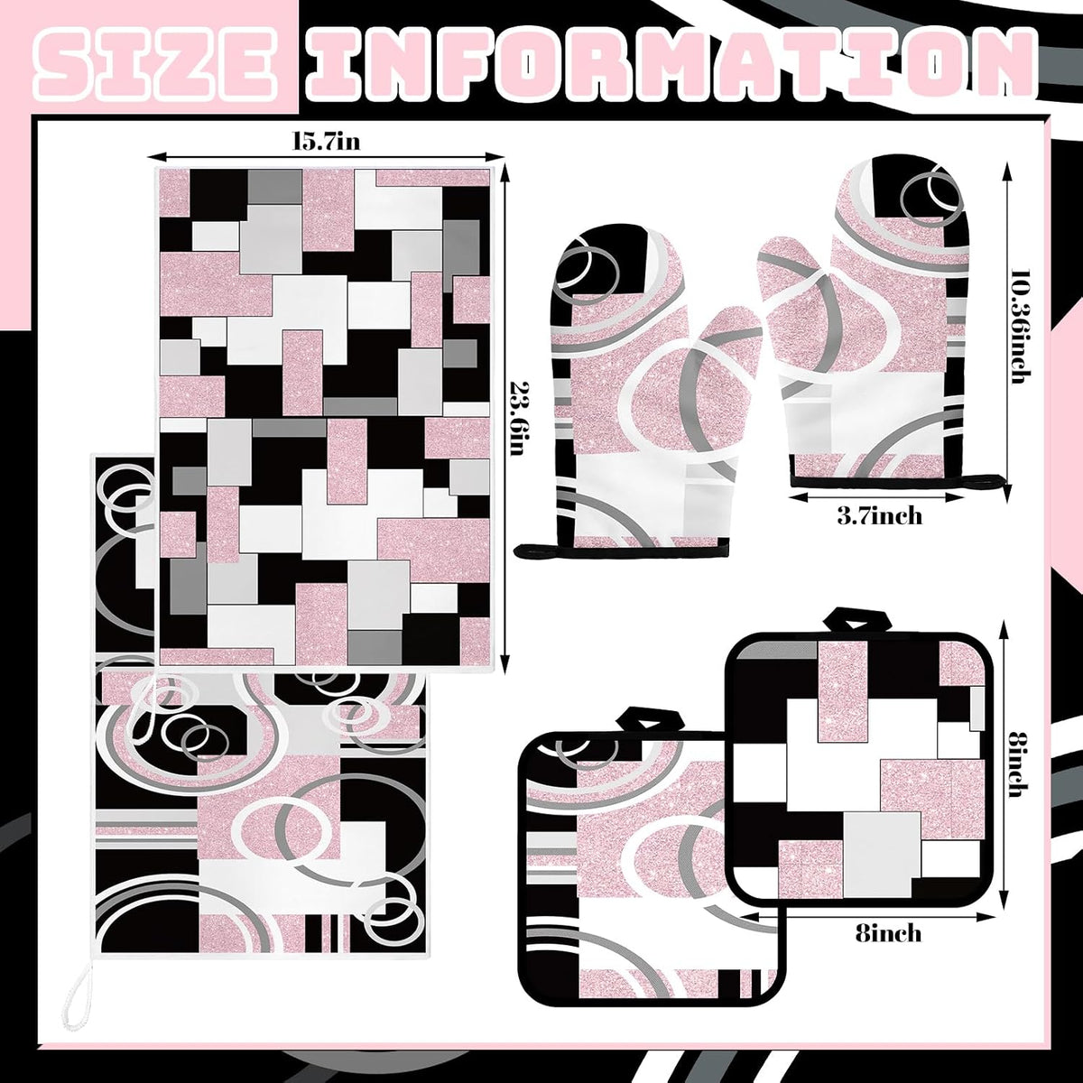 6 Pcs Kitchen Decor Set Accessory Farmhouse Kitchen Towels Pot Holders Oven Mitts Set 2 Dish Towels 2 Pot Holders 2 Cooking Mittens Oven Glove for Cooking (Pink, White, Black,Geometric)