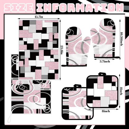6 Pcs Kitchen Decor Set Accessory Farmhouse Kitchen Towels Pot Holders Oven Mitts Set 2 Dish Towels 2 Pot Holders 2 Cooking Mittens Oven Glove for Cooking (Pink, White, Black,Geometric)