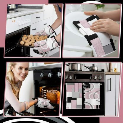 6 Pcs Kitchen Decor Set Accessory Farmhouse Kitchen Towels Pot Holders Oven Mitts Set 2 Dish Towels 2 Pot Holders 2 Cooking Mittens Oven Glove for Cooking (Pink, White, Black,Geometric)