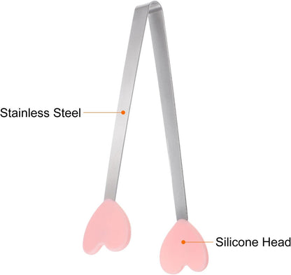Mini Food Tongs 5.3" Heart Shape Stainless Steel with Silicon Tips Small Cooking Tongs Kitchen Food Tongs Serving Tongs for Cooking Grilling BBQ Barbecue Kitchen, Pink