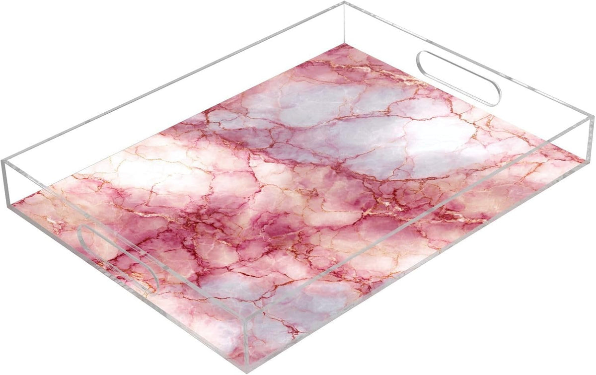 Pink and Gold Marble Texture 15.7 x 11.8 in Acrylic Serving Decorative Tray with Handles 1 Pcs Large Plastic Food Snack Trays Coffee Table Tray for Kitchen Bed Bathroom Breakfast Eating