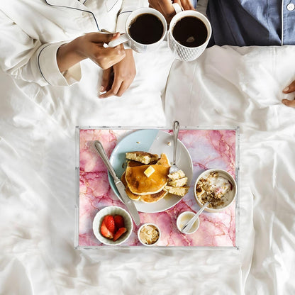 Pink and Gold Marble Texture 15.7 x 11.8 in Acrylic Serving Decorative Tray with Handles 1 Pcs Large Plastic Food Snack Trays Coffee Table Tray for Kitchen Bed Bathroom Breakfast Eating