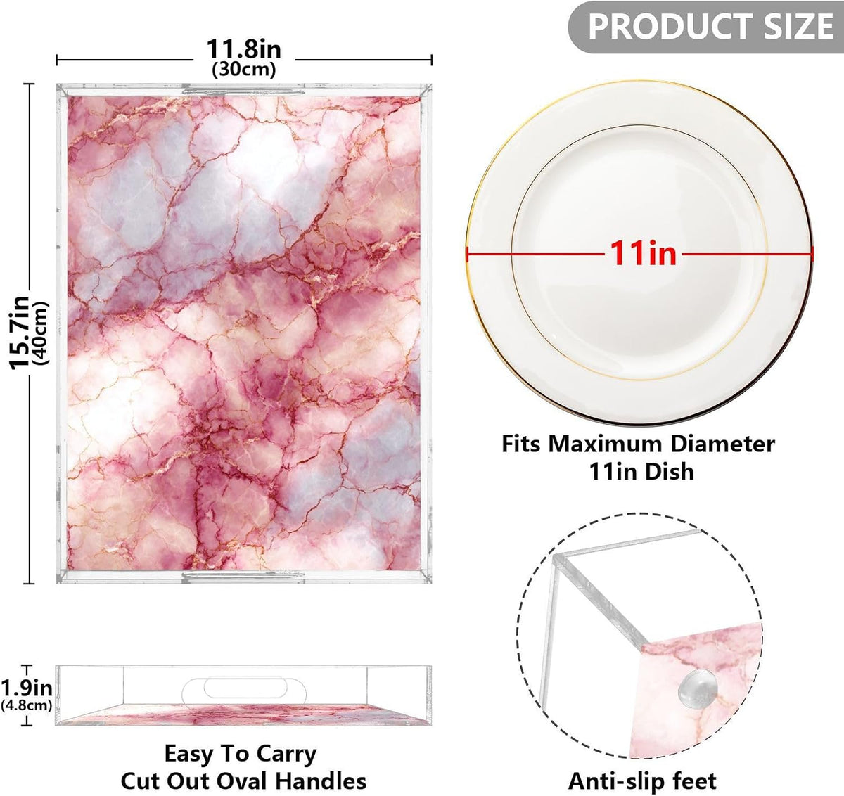 Pink and Gold Marble Texture 15.7 x 11.8 in Acrylic Serving Decorative Tray with Handles 1 Pcs Large Plastic Food Snack Trays Coffee Table Tray for Kitchen Bed Bathroom Breakfast Eating