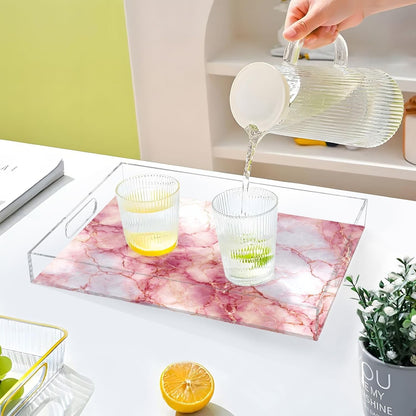 Pink and Gold Marble Texture 15.7 x 11.8 in Acrylic Serving Decorative Tray with Handles 1 Pcs Large Plastic Food Snack Trays Coffee Table Tray for Kitchen Bed Bathroom Breakfast Eating