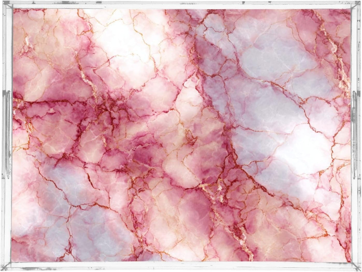 Pink and Gold Marble Texture 15.7 x 11.8 in Acrylic Serving Decorative Tray with Handles 1 Pcs Large Plastic Food Snack Trays Coffee Table Tray for Kitchen Bed Bathroom Breakfast Eating