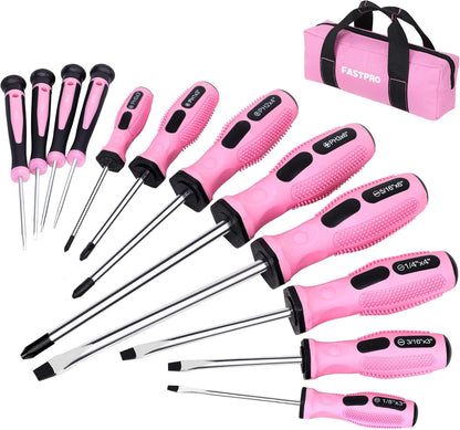 12-Piece Pink Magnetic Screwdrivers Set with Storage Bag