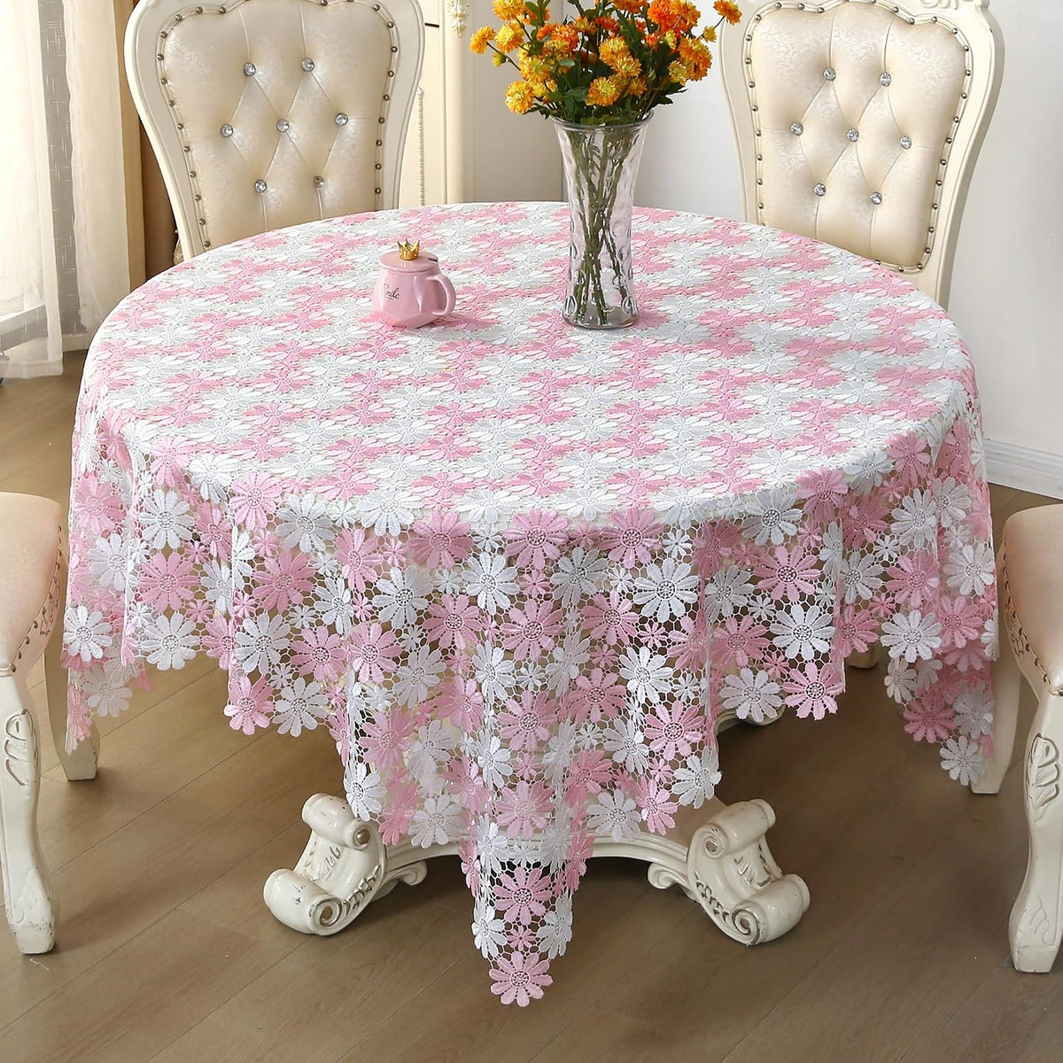 Pink Crochet Tablecloth Farmhouse Lace Table Cloth Retro Picnic Table Cover