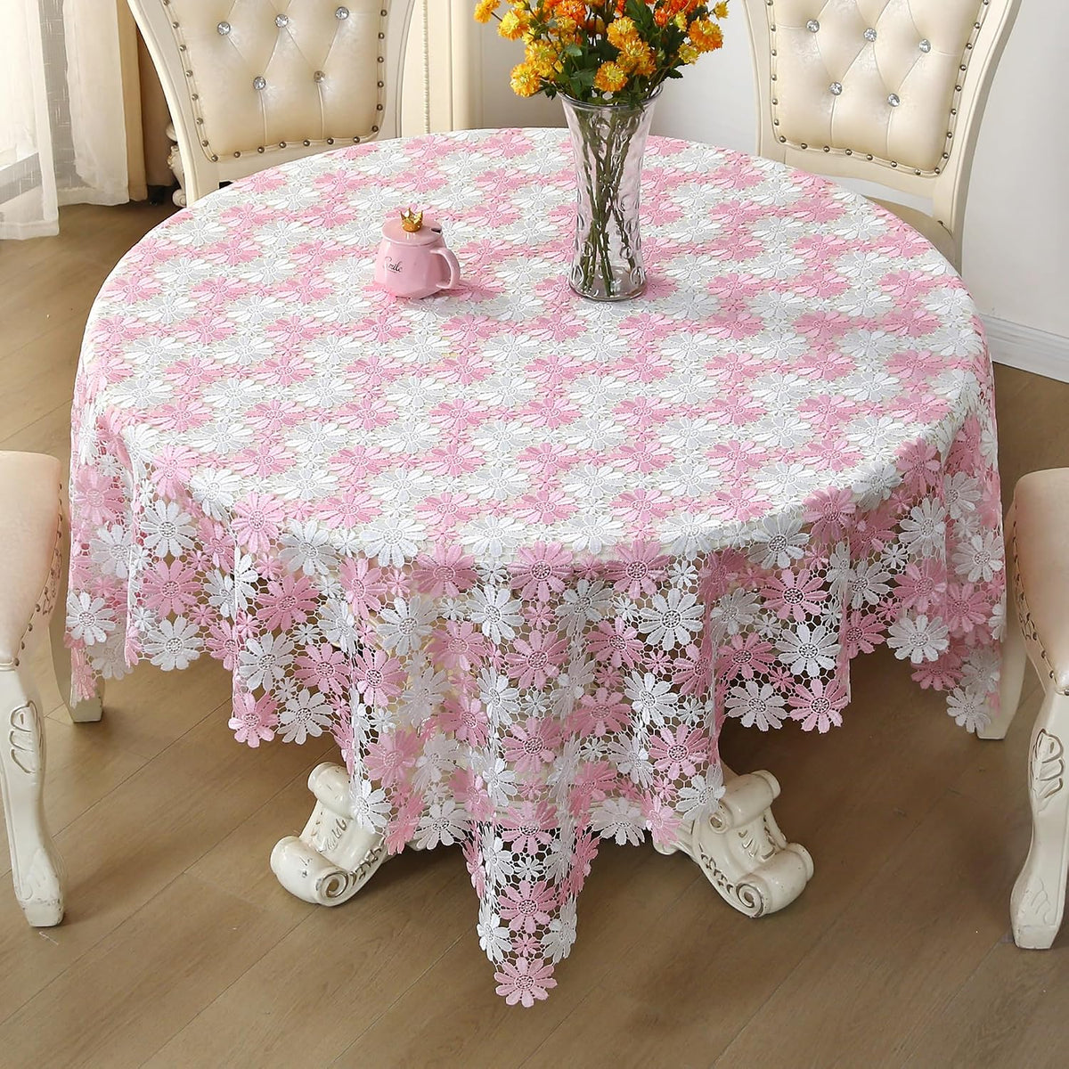 Pink Crochet Tablecloth Farmhouse Lace Table Cloth Retro Picnic Table Cover