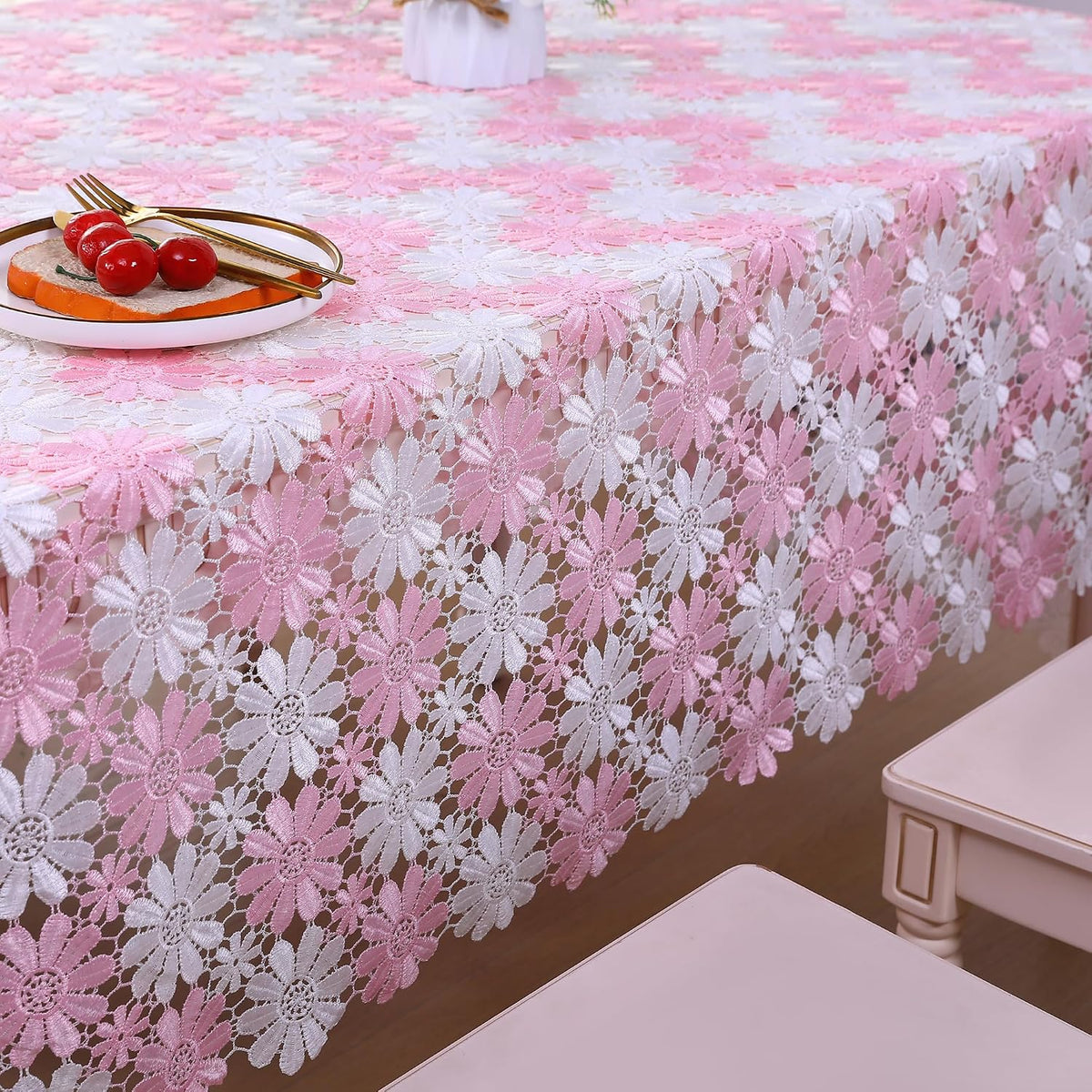 Pink Crochet Tablecloth Farmhouse Lace Table Cloth Retro Picnic Table Cover