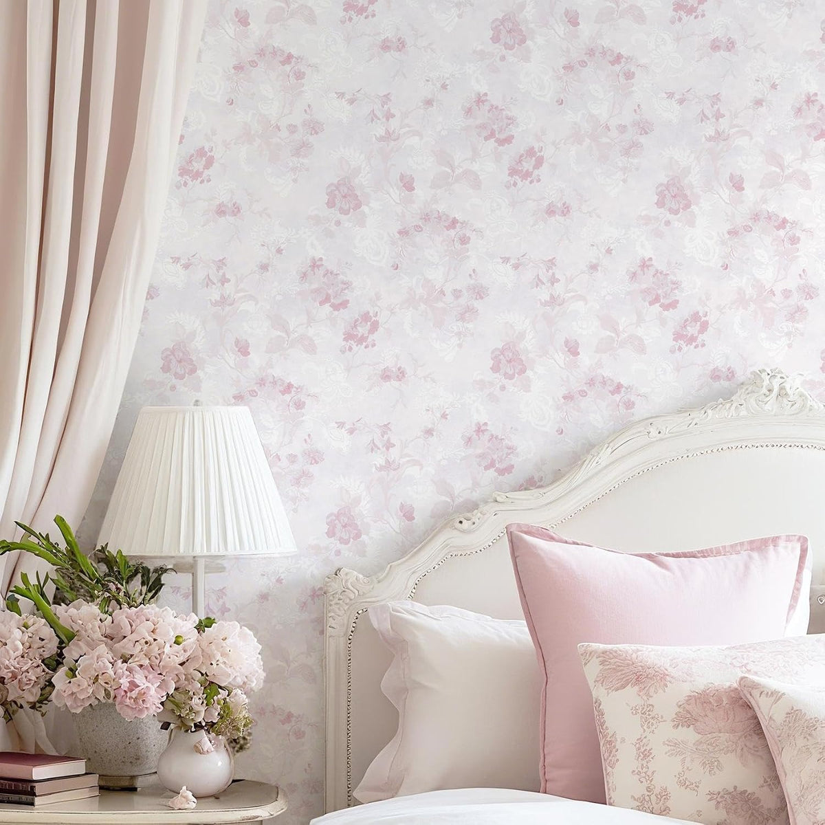 Dimoon 78.7"x17.3" Pink Wallpaper Floral Contact Paper Peel and Stick Wallpaper White Vintage French Country Renter Friendly Bathroom Boho Flower Removable Wall Paper Kitchen Self Adhesive Vinyl Roll