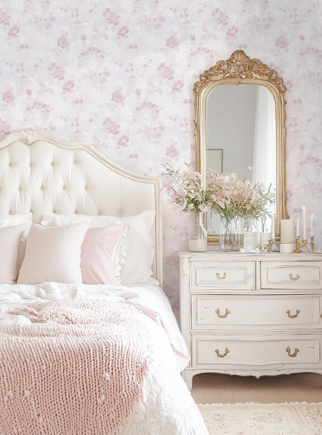 Dimoon 78.7"x17.3" Pink Wallpaper Floral Contact Paper Peel and Stick Wallpaper White Vintage French Country Renter Friendly Bathroom Boho Flower Removable Wall Paper Kitchen Self Adhesive Vinyl Roll