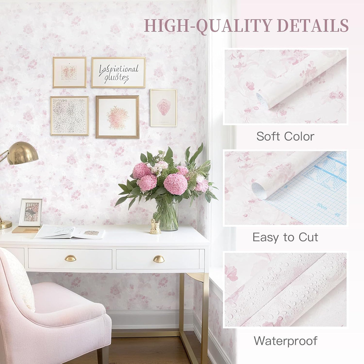 Dimoon 78.7"x17.3" Pink Wallpaper Floral Contact Paper Peel and Stick Wallpaper White Vintage French Country Renter Friendly Bathroom Boho Flower Removable Wall Paper Kitchen Self Adhesive Vinyl Roll