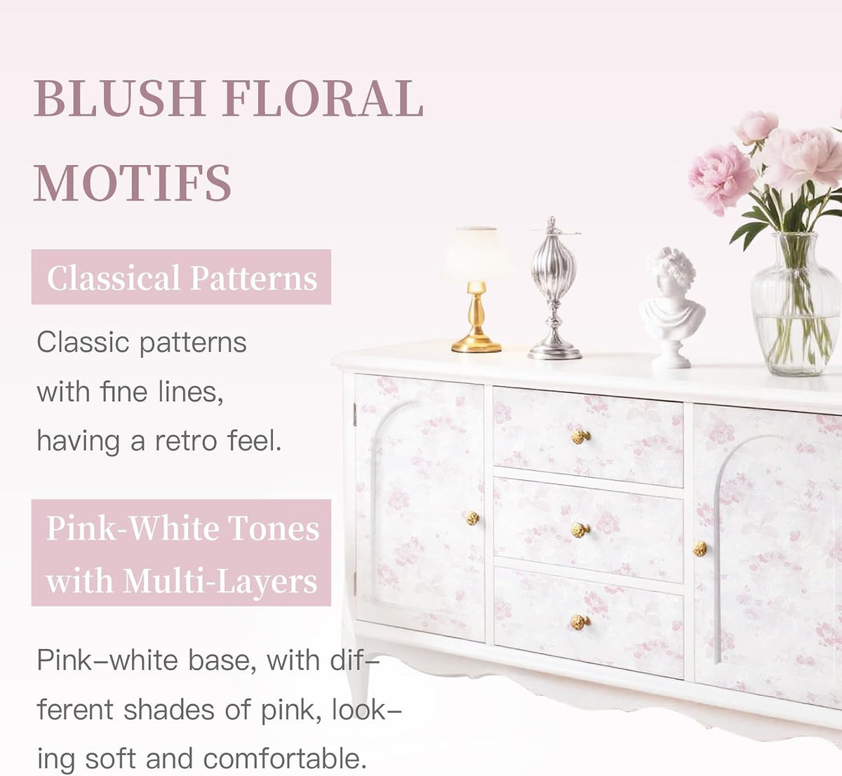 Dimoon 78.7"x17.3" Pink Wallpaper Floral Contact Paper Peel and Stick Wallpaper White Vintage French Country Renter Friendly Bathroom Boho Flower Removable Wall Paper Kitchen Self Adhesive Vinyl Roll